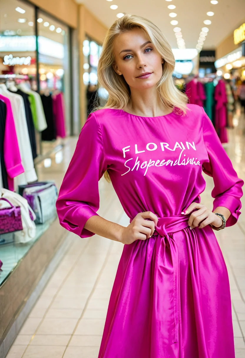 blonde woman, FLORIAN written on her blouse, fusia-colored wide dress in the shopping center