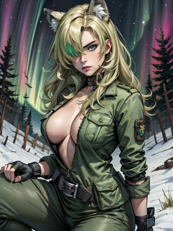 masterpiece, best quality, mgssniperwolf, blue eyes, hair over one eye, green jacket, cleavage, belt, green pants, fingerless gloves, upper body, snow, boreal forest, one knee, blank expression , aurora borealis, Night, Wolf,