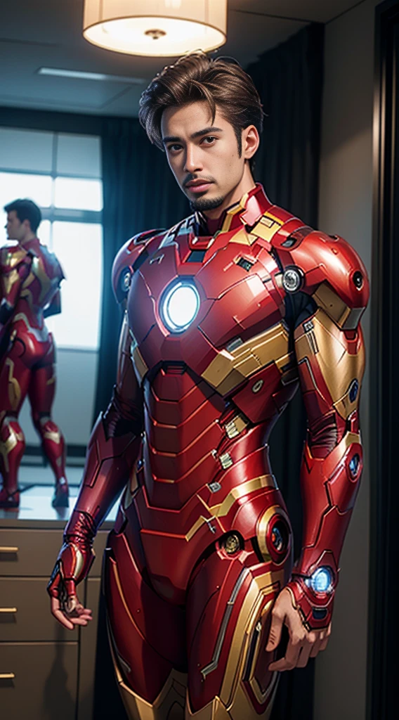 8k, realistic, attractive, highly detailed, a 25 year old man and attractive man inspired by Iron Man wearing a shiny Iron Man mech. She dresses with sensuality and confidence, perfectly interpreting Iron Man's strength and charisma. The abandoned warehouse serves as a backdrop, creating a unique atmosphere that highlights her bravery and perseverance. The tall buildings and buildings on the street exude the unique charm of cyberpunk, and the neon light outlines the outline of the city, which sets off the powerful strength and personality charm of Iron Man. This high-definition, high-quality picture will bring you stunning visual enjoyment, a perfect combination of sexy, futuristic and sci-fi elements. oc rendering, dramatic lighting, award winning quality