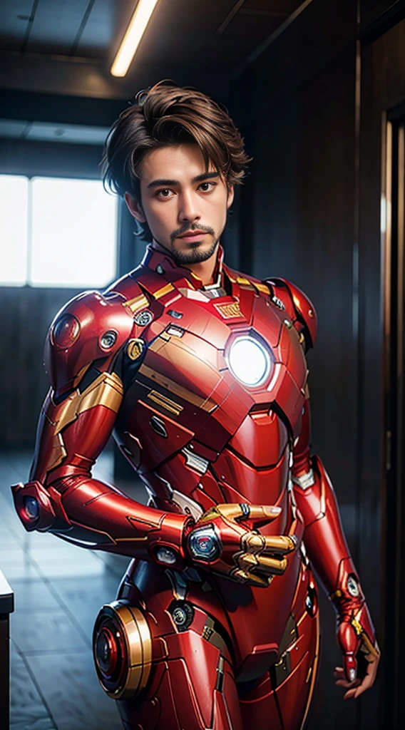 8k, realistic, attractive, highly detailed, a 25 year old man and attractive man inspired by Iron Man wearing a shiny Iron Man mech. She dresses with sensuality and confidence, perfectly interpreting Iron Man's strength and charisma. The abandoned warehouse serves as a backdrop, creating a unique atmosphere that highlights her bravery and perseverance. The tall buildings and buildings on the street exude the unique charm of cyberpunk, and the neon light outlines the outline of the city, which sets off the powerful strength and personality charm of Iron Man. This high-definition, high-quality picture will bring you stunning visual enjoyment, a perfect combination of sexy, futuristic and sci-fi elements. oc rendering, dramatic lighting, award winning quality