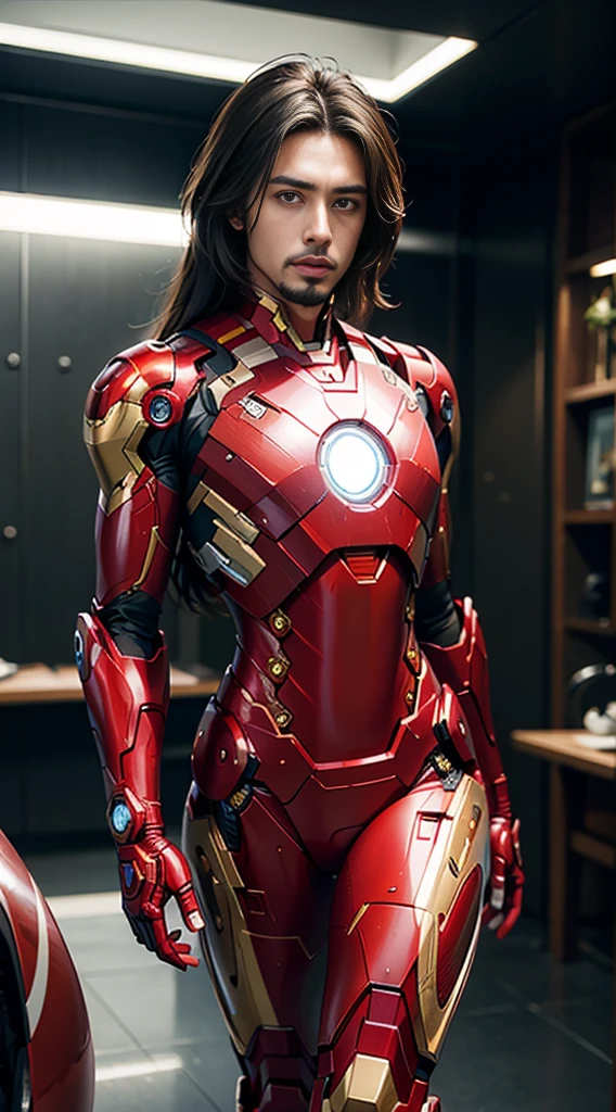 8k, realistic, attractive, highly detailed, a 25 year old man and attractive man inspired by Iron Man wearing a shiny Iron Man mech. She dresses with sensuality and confidence, perfectly interpreting Iron Man&#39;s strength and charisma. The abandoned warehouse serves as a backdrop, creating a unique atmosphere that highlights her bravery and perseverance. The tall buildings and buildings on the street exude the unique charm of cyberpunk, and the neon light outlines the outline of the city, which sets off the powerful strength and personality charm of Iron Man. This high-definition, high-quality picture will bring you stunning visual enjoyment, a perfect combination of sexy, futuristic and sci-fi elements. oc rendering, dramatic lighting, award winning quality