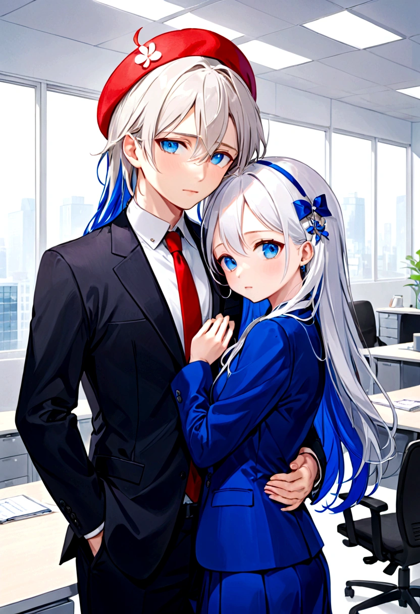 a brunette, with white hair and super long sapphire blue locks, bright blue eyes, He wears a red beret and an office suit, one lens, wears a rabbit-like hair clip, She is very shy and super cute.