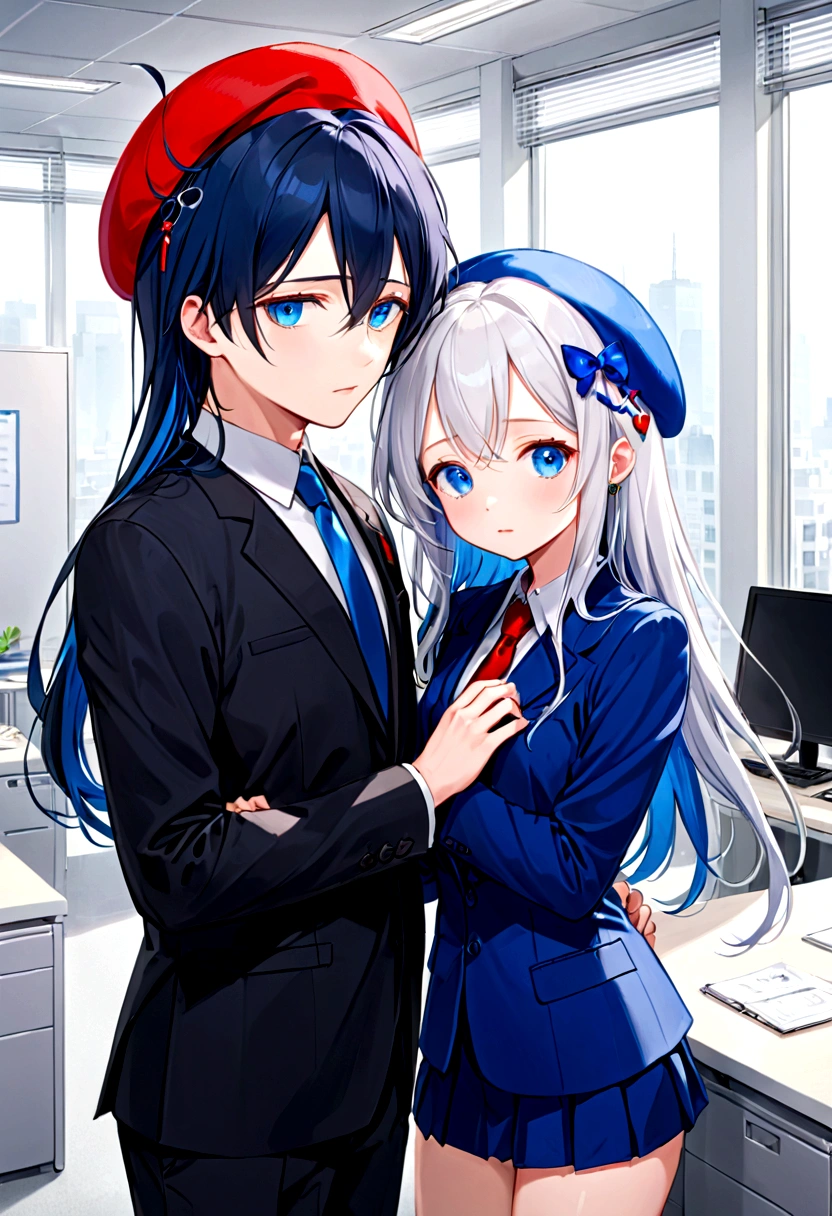 a brunette, with white hair and super long sapphire blue locks, bright blue eyes, He wears a red beret and an office suit, one lens, wears a rabbit-like hair clip, She is very shy and super cute.