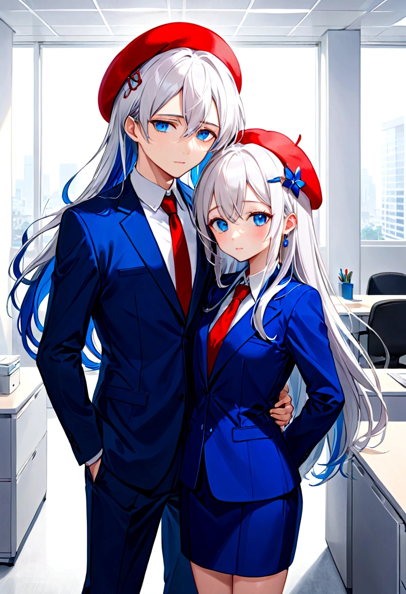 a brunette, with white hair and super long sapphire blue locks, bright blue eyes, He wears a red beret and an office suit, one lens, wears a rabbit-like hair clip, She is very shy and super cute.