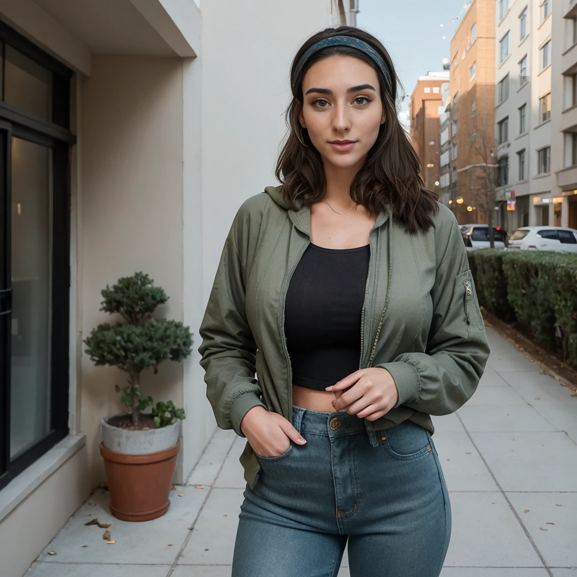 Extremely busty thin and toned brunette photographer, college girl, fair skin, loose single side sweep, soft face, athletic, bandana babushka headwrap, tight olive green casual windbreaker, skinny jeans. standing in front of her apartment building, outdoors, city, camera bag, cleavage