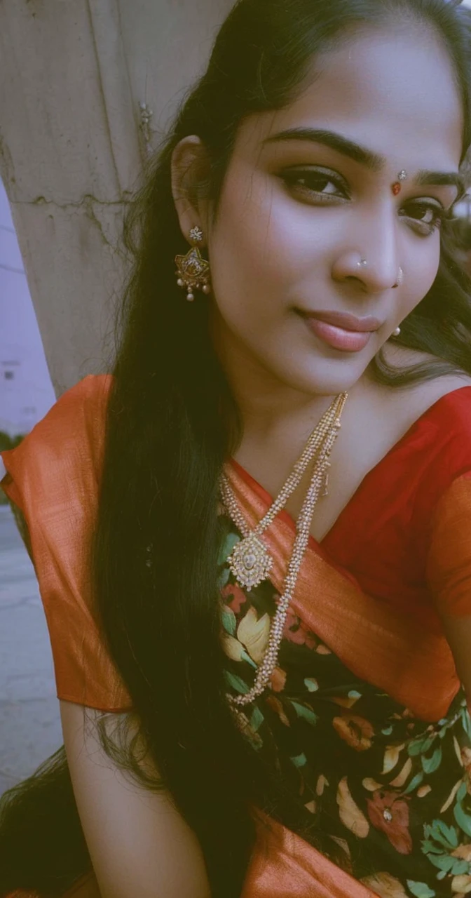 (((desi girl))), chubby face, natural skin, wearing hot deep neck top and dupatta, charming black hair, ((hair ends are blonde)), city streets background, bokeh