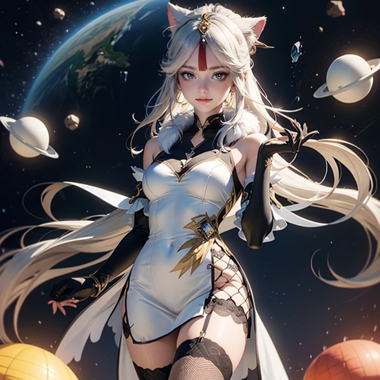 1girl, white maid dress, jewelry, white hair, flowing hair, long hair, chinese maid dress with a short skirt and layers, white laces, black boots, white dress with transparency, gold details on her clothes, cat ears, animal ears,  more details, perfectly body, perfectly hands, two hands, two legs, two arms, five fingers, glowing hair, best quality, ornamental hair concubine, black gloves, alone, maid headdress, choker, detached sleeves, chinese maid dress, chinese maid white dress, masterpeice, best quality, detailed face, night, asymmetrical gloves, bangs, white short skirt , black gloves, earrings, elbow gloves, fishnet thighhighs, fishmasterpeice, solo, best quality, detailed face, gloves, glowing eyes, hair between eyes, jewelry, long hair, looking at viewer, single earring, sky, sleeveless, solo, thigh boots, thighhighs, smile, uneven gloves, cat tail, solo, alone, Looking at the viewer, More details on the clothes, red flower on her hair, space scenery, maid, chinese maid dress, black details, red flowers, chinese maid headdress, maid apron, brown hair, long hair, seat on the Saturn rings, red details on her clothes, more details on her clothes, gold details on her clothes, space, smiling, glowing eyes, standing her hand to a viewer, looking at the viewer, in the background a several asteroids glowing with fiery auras, Dramatic lighting from distant stars and planets illuminates the scene, looking at the vast and mysterious universe, cowboy shot, upper body portrait, more details, sparkle,