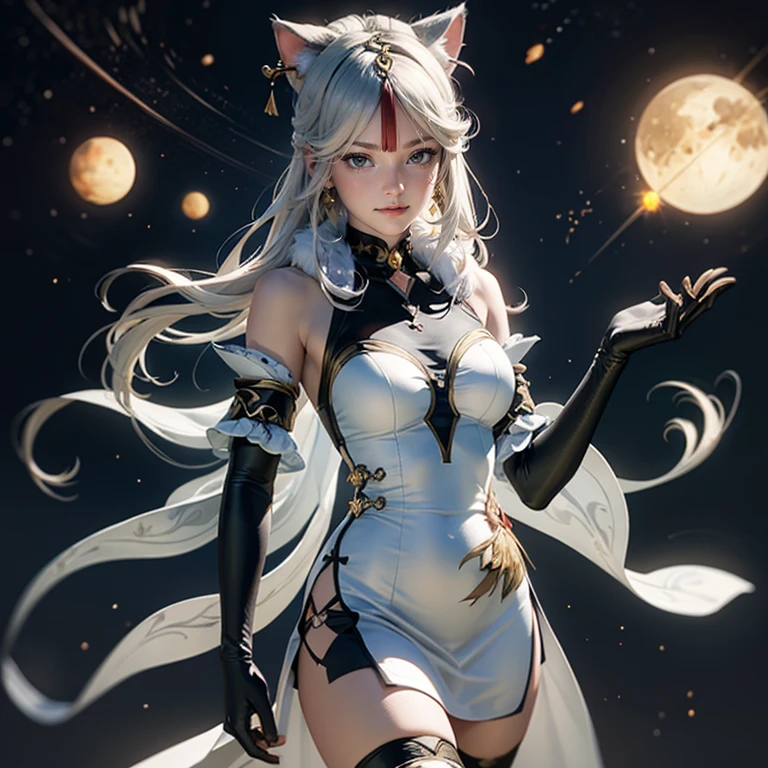 1girl, white maid dress, jewelry, white hair, flowing hair, long hair, chinese maid dress with a short skirt and layers, white laces, black boots, white dress with transparency, gold details on her clothes, cat ears, animal ears, more details, perfectly body, perfectly hands, two hands, two legs, two arms, five fingers, glowing hair, best quality, ornamental hair concubine, black gloves, alone, maid headdress, choker, detached sleeves, chinese maid dress, chinese maid white dress, masterpeice, best quality, detailed face, night, asymmetrical gloves, bangs, white short skirt , black gloves, earrings, elbow gloves, fishnet thighhighs, fishmasterpeice, solo, best quality, detailed face, gloves, glowing eyes, hair between eyes, jewelry, long hair, looking at viewer, single earring, sky, sleeveless, solo, thigh boots, thighhighs, smile, uneven gloves, cat tail, solo, alone, Looking at the viewer, More details on the clothes, red flower on her hair, space scenery, maid, chinese maid dress, black details, red flowers, chinese maid headdress, maid apron, brown hair, long hair, seat on the Saturn rings, red details on her clothes, more details on her clothes, gold details on her clothes, space, smiling, glowing eyes, standing her hand to a viewer, looking at the viewer, in the background a several asteroids glowing with fiery auras, Dramatic lighting from distant stars and planets illuminates the scene, looking at the vast and mysterious universe, cowboy shot, upper body portrait, more details, sparkle,