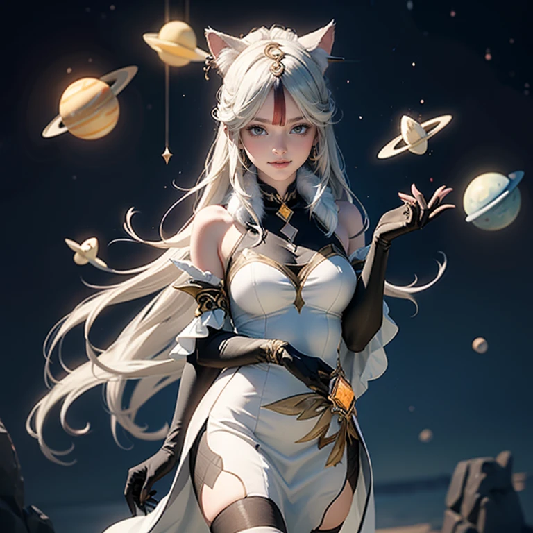 1girl, white maid dress, jewelry, white hair, flowing hair, long hair, chinese maid dress with a short skirt and layers, white laces, black boots, white dress with transparency, gold details on her clothes, cat ears, animal ears, more details, perfectly body, perfectly hands, two hands, two legs, two arms, five fingers, glowing hair, best quality, ornamental hair concubine, black gloves, alone, maid headdress, choker, detached sleeves, chinese maid dress, chinese maid white dress, masterpeice, best quality, detailed face, night, asymmetrical gloves, bangs, white short skirt , black gloves, earrings, elbow gloves, fishnet thighhighs, fishmasterpeice, solo, best quality, detailed face, gloves, glowing eyes, hair between eyes, jewelry, long hair, looking at viewer, single earring, sky, sleeveless, solo, thigh boots, thighhighs, smile, uneven gloves, cat tail, solo, alone, Looking at the viewer, More details on the clothes, red flower on her hair, space scenery, maid, chinese maid dress, black details, red flowers, chinese maid headdress, maid apron, brown hair, long hair, seat on the Saturn rings, red details on her clothes, more details on her clothes, gold details on her clothes, space, smiling, glowing eyes, standing her hand to a viewer, looking at the viewer, in the background a several asteroids glowing with fiery auras, Dramatic lighting from distant stars and planets illuminates the scene, looking at the vast and mysterious universe, cowboy shot, upper body portrait, more details, sparkle,