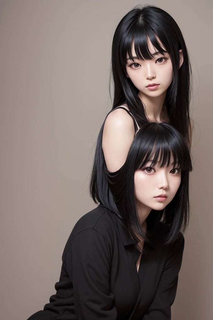 Japanese woman, 28 years old, straight black hair with bangs, Eyes red, upper part, leaning to the side, anime drawing. 