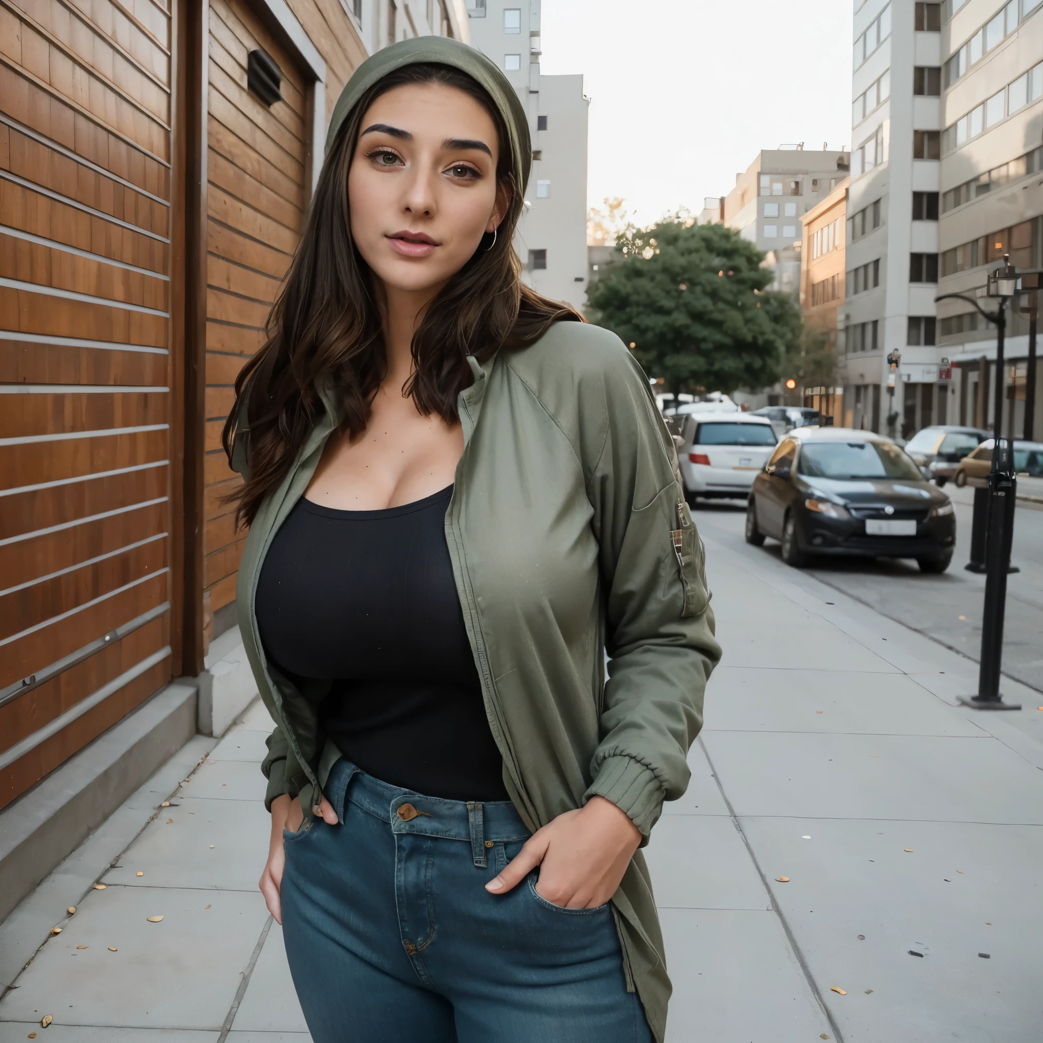 Extremely busty thin and toned brunette photographer, college girl, fair skin, loose single side sweep, soft face, athletic, bandana babushka headwrap, tight olive green casual windbreaker, skinny jeans. standing in front of her apartment building, outdoors, city, camera bag, cleavage 