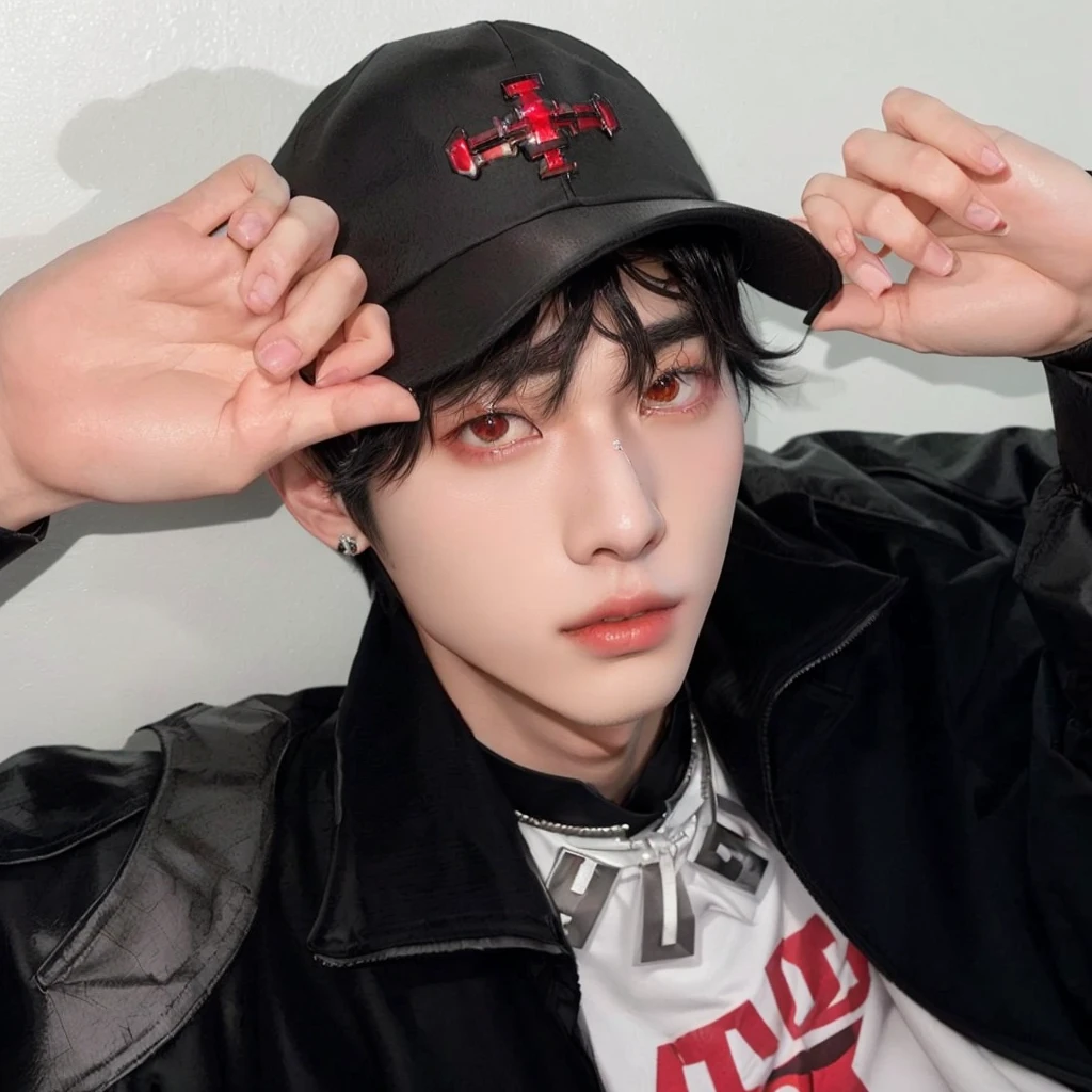 Arafed man in a black jacket and a black hat., kim doyoung, Jung Jaehyun, jungkook, kim taejin, cai xukun, jinyoung shin, wicked ulzzang, hong june hyung, hyung tae, profile headshot, drain group blade, handsome japanese demon boy, xqc, with glowing red eyes, beautiful androgynous prince Sunoo from ENHYPEN
