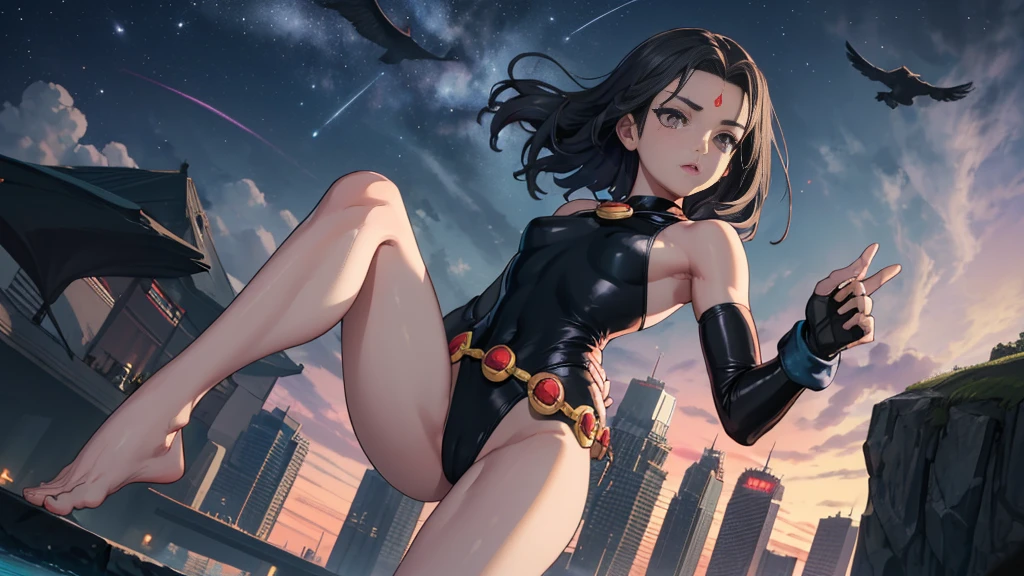 (masterpiece, Best quality:1.2),  crow, 1 girl, One, breast, medium breast, gloves, belt, fingerless gloves, e.g, swimsuit, colored leather, high leg, black swimsuit, high leg swimsuit, gray skin, gem on forehead, loose belt, on open air, flying, night sky, skyline, sky,