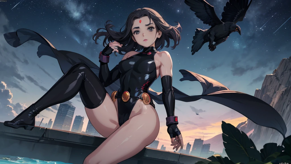 (masterpiece, Best quality:1.2),  crow, 1 girl, One, breast, medium breast, gloves, belt, fingerless gloves, e.g, swimsuit, colored leather, high leg, black swimsuit, high leg swimsuit, gray skin, gem on forehead, loose belt, on open air, flying, night sky, skyline, sky,
