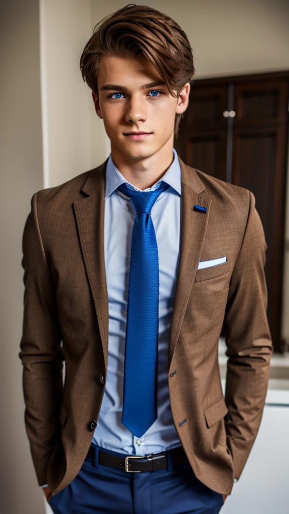 19 year old male wearing tie and lomg sleveed  button up with buttoned closed blazer
4K HIGH REZ 

Physical Description: Brown colored hair and skinny build. 5"5 and 150 LB. Blue eyes. 

.
