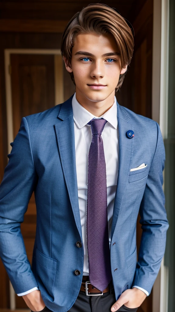 19 year old male wearing tie and lomg sleveed  button up with buttoned closed blazer
4K HIGH REZ 

Physical Description: Brown colored hair and skinny build. 5"5 and 150 LB. Blue eyes. 

.