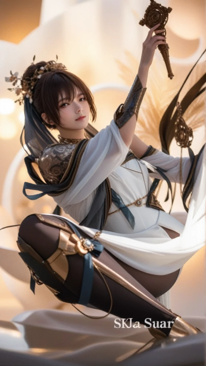Short haired goddess,dressed in a charming and elegant white Evening dress,cool expression,light smile,fashionable and luxurious,black eyes,standing posture,Complete head and upper body photos,advertising photography,white background,exquisite and realistic,high-definition,8K,perfect facial details,the best quality,