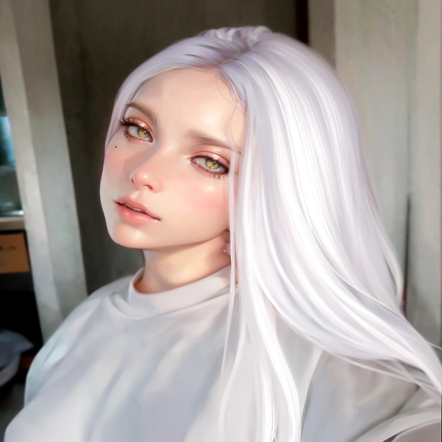 a close-up of a woman with long white hair and a white shirt, realistic art style, kawaii realistic portrait, photorealistic art style, realism art style, 🤤 portrait of , realistic anime art style, no art style by bowater, realistic 3d anime style, 4k realistic digital art, 4k realistic digital art, anime realism style, realistic digital illustration