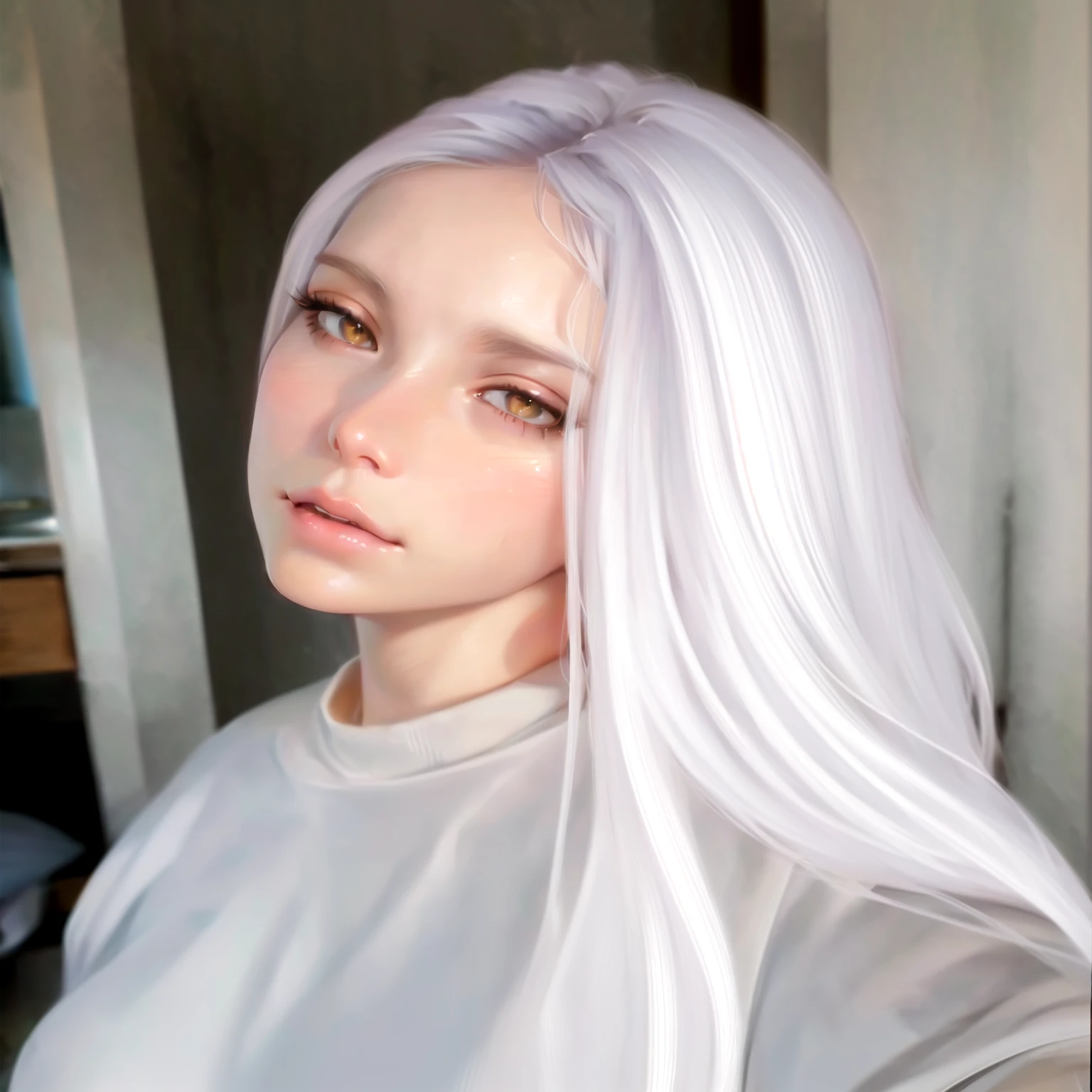 a close-up of a woman with long white hair and a white shirt, realistic art style, kawaii realistic portrait, photorealistic art style, realism art style, 🤤 portrait of , realistic anime art style, no art style by bowater, realistic 3d anime style, 4k realistic digital art, 4k realistic digital art, anime realism style, realistic digital illustration