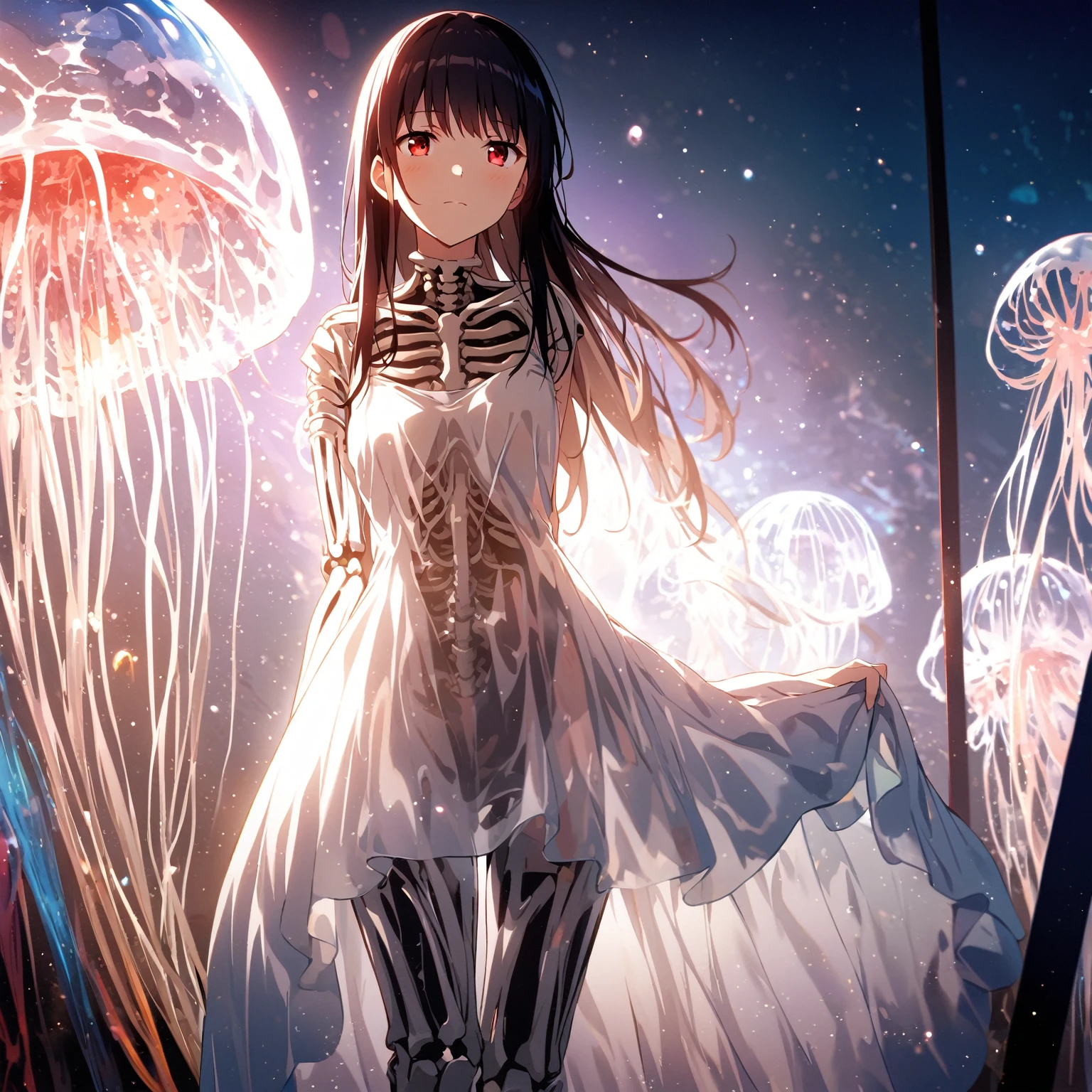 1girl、Black Hair、Red eyes、Skeleton Body、plastic dress、Blue jellyfish、aquarium、deep faint light 、 detailed CG、high resolution