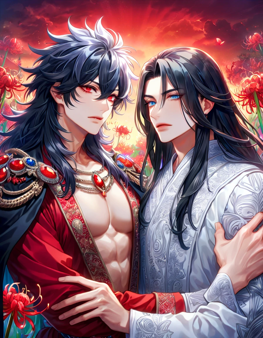 absurdres, highres, ultra detailed, HDR, master piece, best quality, extremely detailed face, delicated features, Xue Yu, untamed spiky hair, black hair, long hair, hair between the eyes, expressive red eyes, Thousand Years War, Gojou Satoru, white long hair, expressive blue eyes, two sexy men together, gay couple, yaoi, handsome, toned chest, black cape, red robes, white robes, accessories, patterns, red sky, red butterflies, red spider lilies, fantasy, magic, envy magical, garden