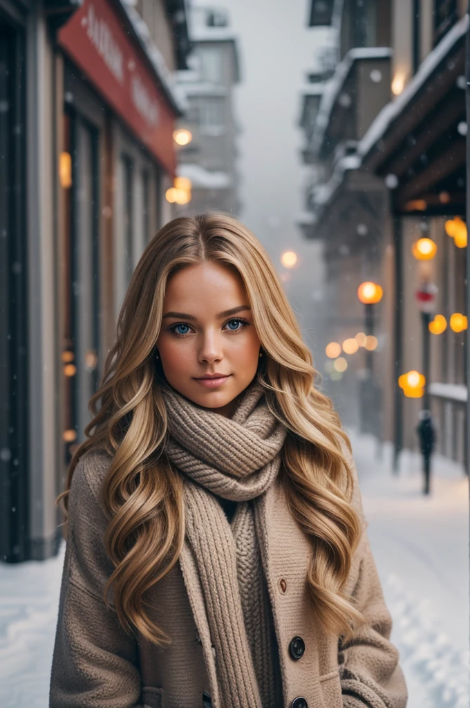 professional portrait photograph of a gorgeous Norwegian girl in winter clothing with long wavy blonde hair, sultry flirty look, gorgeous symmetrical face, cute natural makeup, wearing elegant warm winter fashion clothing, ((standing outside in snowy city street)), stunning modern urban environment, ultra realistic, concept art, elegant, highly detailed, intricate, sharp focus, depth of field, f/1. 8, 85mm, medium shot, mid shot, (((professionally color graded))), bright soft diffused light, (volumetric fog), trending on instagram, hdr 4k, 8k