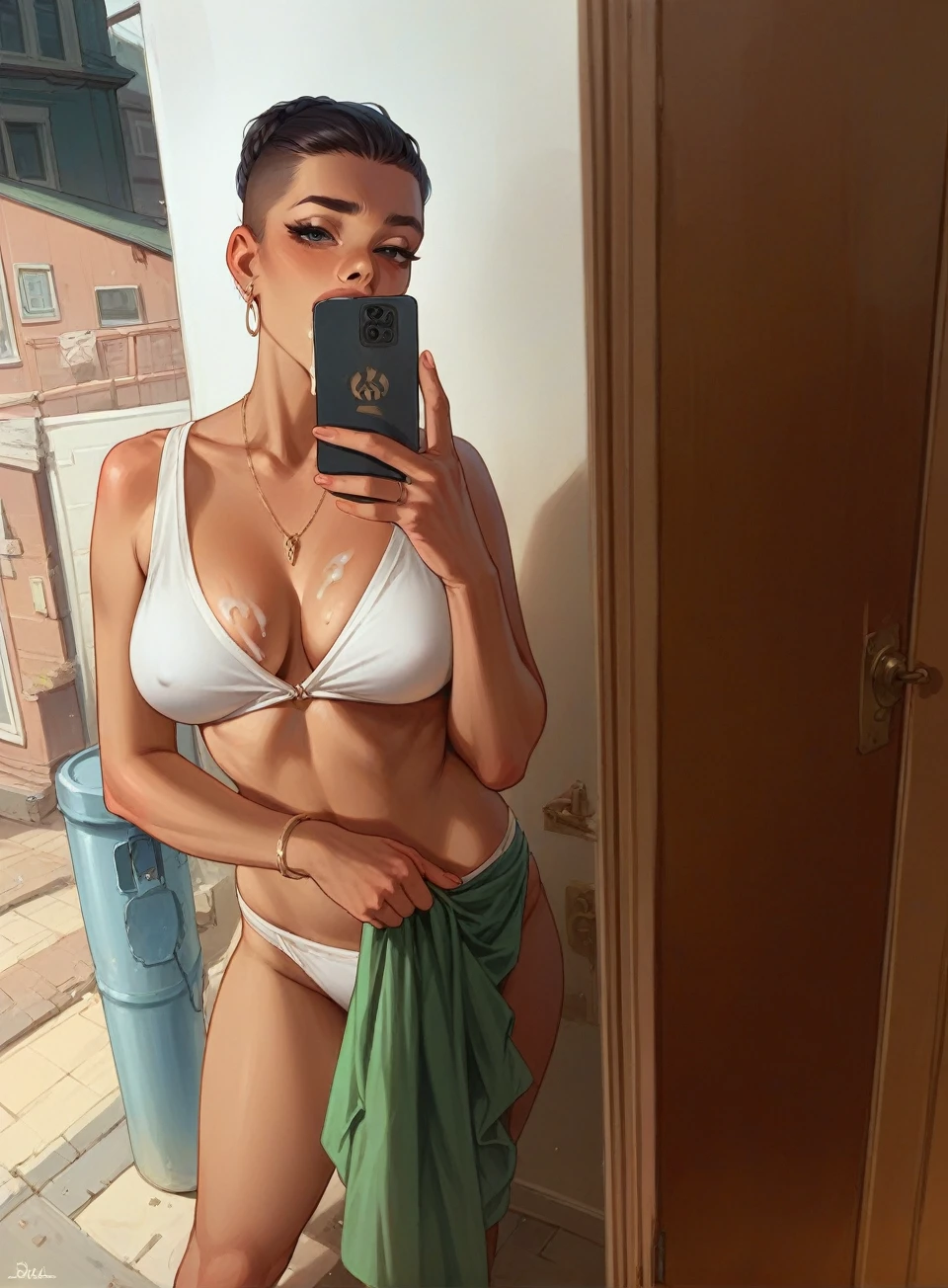 Make this image more sexy and with cum on her