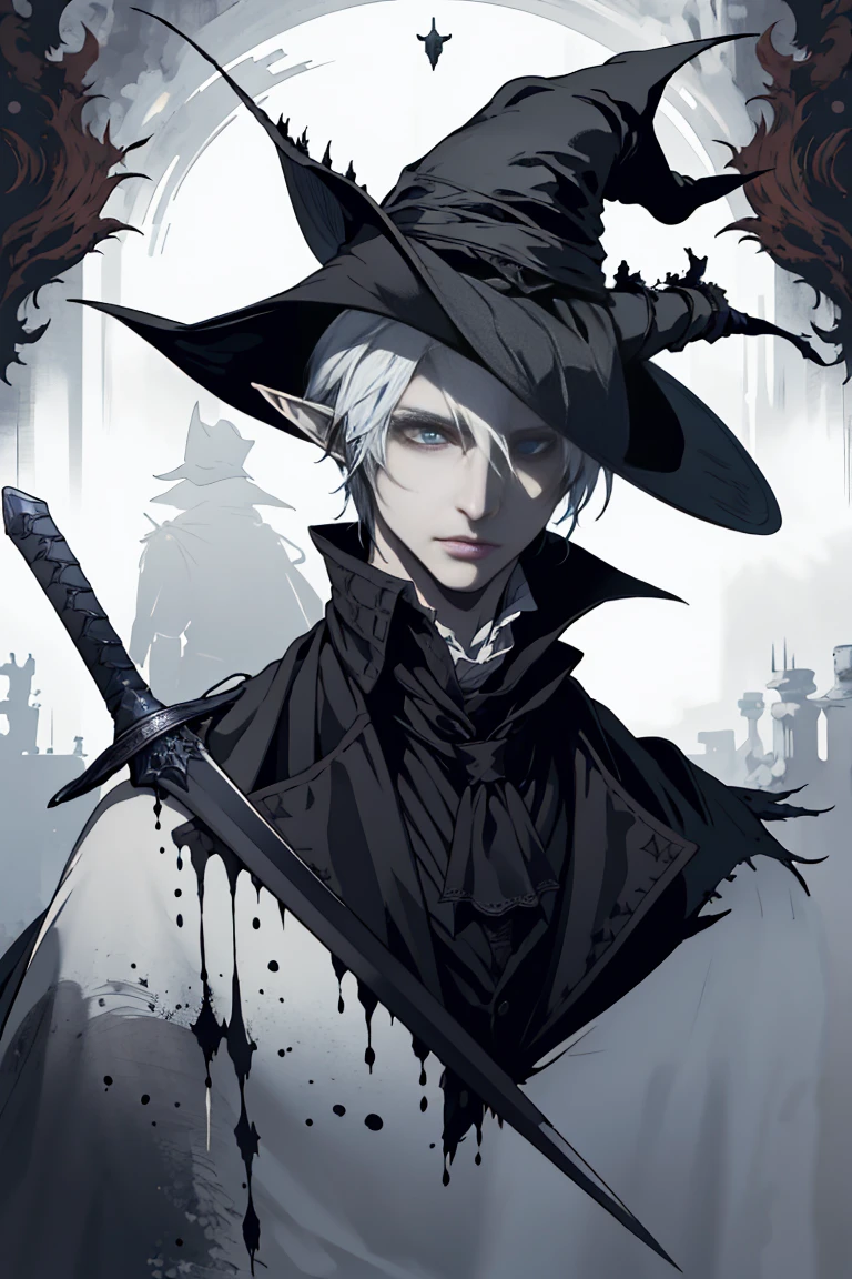 there is a man in a black hat holding a sword, portrait of a bloodborne hunter, bloodborne art, epic exquisite character art, v from devil may cry as an elf, bloodborne style, dark fantasy character design, thancred waters in style of wlop, dark fantasy style art, artorias