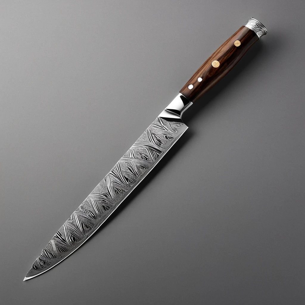 Ultra-high resolution, photorealistic product photography of a premium chef's knife, 8K detail, professional studio lighting. 8-inch blade, VG-10 steel core with prominent 33-layer Damascus pattern, intricate wavy ripples visible along entire blade length. Blade has a razor-sharp, hand-finished edge with a visible 15-degree bevel on each side. Mirror-polished finish reflecting studio lights, creating a dynamic play of light and shadow on the Damascus pattern.
Handle made of stabilized Pakkawood, warm medium brown color (hex #8B4513, RGB 139,69,19). Visible natural wood grain with lighter streaks (hex #A0522D) and darker streaks (hex #663300). Subtle sheen from resin infusion, enhancing wood's natural appearance without changing base color. Ergonomic shape with slight palm swell, 12 cm length, width tapering from 2.5 cm at bolster to 2 cm at butt, thickness 1.8 cm tapering to 1.5 cm. Satin finish, smooth but not glossy.
Full tang construction, tang visible at butt of handle. Three stainless steel rivets (4mm diameter) evenly spaced along handle, polished to a satin finish matching the blade's bolster. Subtle 'Smart-Edge' logo engraved near blade heel in simple sans-serif font, small enough to be noticeable but not distracting.
Knife balanced on its edge on a premium walnut cutting board (hex #723D0C). High-quality brown leather sheath (hex #8B4513) placed beside the knife, with precise stitching and a subtle embossed 'Smart-Edge' logo.
Lighting setup: Main light source from upper left creating a gradient along the blade, fill light from lower right to highlight Damascus pattern and wood grain. Soft box reflection visible on polished blade surface. Additional rim light to define the knife's outline.
Background: Clean, minimalist light grey backdrop (hex #D3D3D3) fading to white (hex #FFFFFF) at the edges.
Composition: Knife angled at 45 degrees to the camera, blade facing right, tip pointing slightly upward. Sheath parallel to knife, slightly behind and to the left. A