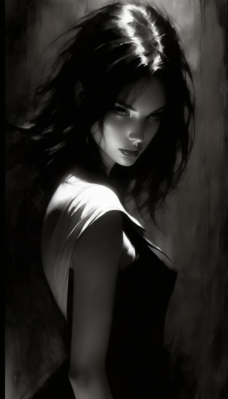 , sexy girl, elegant, Black and white image, chiaroscuro, sensual, dramatic lighting, moody atmosphere, photorealistic, intricate details, masterpiece, ultra-detailed, high quality, 8k, best quality, realistic, cinematic, dark and brooding, expressionistic, powerful composition, emotional impact (art inspired in Bill Sienkiewicz). oil painting)