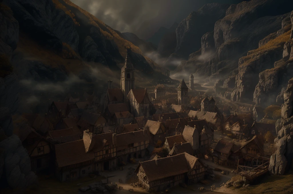 A detailed fantasy landscape, enchanted forests, majestic mountains, inspiré de Tolkien, à la manière de John Howe, digital painting, hyperrealistic, 8k, highly detailed, volumetric lighting, dramatic lighting, vibrant colors, lush vegetation, towering peaks, mystical atmosphere, cinematic composition, epic scale, intricate details, fantastical elements, photorealistic, masterpiece, forteresse en ruine perchée