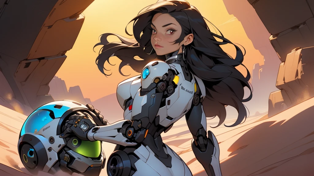 high quality, 4K, masterpiece, Beautiful, cyborg girl, cowboy shot, dull eyes, rear, I turn around, to look at the viewer, long light hair, girl, , suitable for thigh, robotic weapons, robotic body, cyborg body, yellow accent, editorial, complex part, compound, detailed lines, Robotic part, raising your fist, holding your hand like a fist, colored robotic parts, robotic parts with color, perfect fingers, on a desert planet, Solar background, colorful desert,,((masterpiece, top quality)), detailed face, masterpiece, Best quality, 1 adult woman, female focus, One, Dark black hair, Bright red eyes, long hair, Looking at the viewer, closed mouth