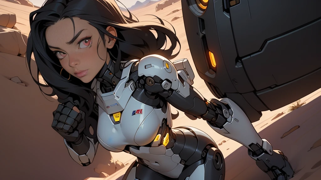 high quality, 4K, masterpiece, Beautiful, cyborg girl, cowboy shot, dull eyes, rear, I turn around, to look at the viewer, long light hair, girl, , suitable for thigh, robotic weapons, robotic body, cyborg body, yellow accent, editorial, complex part, compound, detailed lines, Robotic part, raising your fist, holding your hand like a fist, colored robotic parts, robotic parts with color, perfect fingers, on a desert planet, Solar background, colorful desert,,((masterpiece, top quality)), detailed face, masterpiece, Best quality, 1 adult woman, female focus, One, Dark black hair, Bright red eyes, long hair, Looking at the viewer, closed mouth
