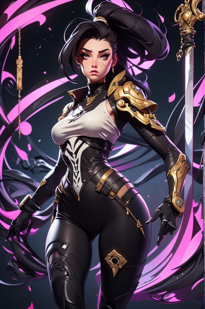 ( High quality , Ultra-detail, carefully with your hand )tarot card, chiaroscuro technique on sensual illustration of an queen of sword, a teenage fashion model wearing an exo-skeleton mask, vibrant colors, futuristic cyberpunk style, intricate details, cinematic lighting, dramatic pose, an elegant complex bio mechanical onyx and gold, intricate details, official art, unity 8k wallpaper, ultra detailed, beautiful and aesthetic, (in a room with black walls illuminated by violet neon lights :1.1)
