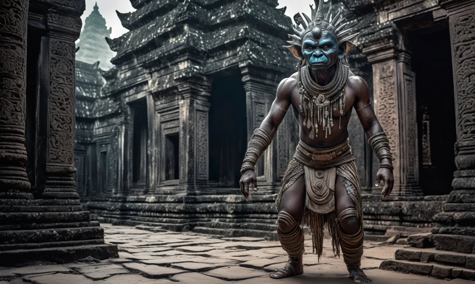 full body length shot,nerd graphite  Alien Entity,native africa slave ,nowadays azctec central city,Cinematic,soft colors, Technicolor,natural skin textures, hyper realism, hyper detailed,Extremely detailed,High contrast,Masterpiece,Realistic,Ultra Detailed, intricate details,realistic humid leather,extremely intricate details,Epic Realistic, cinematic style, irina yermolova,high contrast,hdr,extremely detailed, [deep night landscape],masterpiece, intricate details, eyes extremely detailed, high detailed eyes,8k resolution,retina, Nikon Z9,Korea,orc,Egypt, Pisces, transition between two art styles, Double contact, X-ray, Creative, vivid light, fantasy, Abstract, Surrealism, super detailed, high resolution,insanity national folk wear,skin  almost translucent, gothic elements, further emphasizing its dark air,Mestichino,Light particles,chaos,starfish's leather,Angkor Wat of Cambodia
