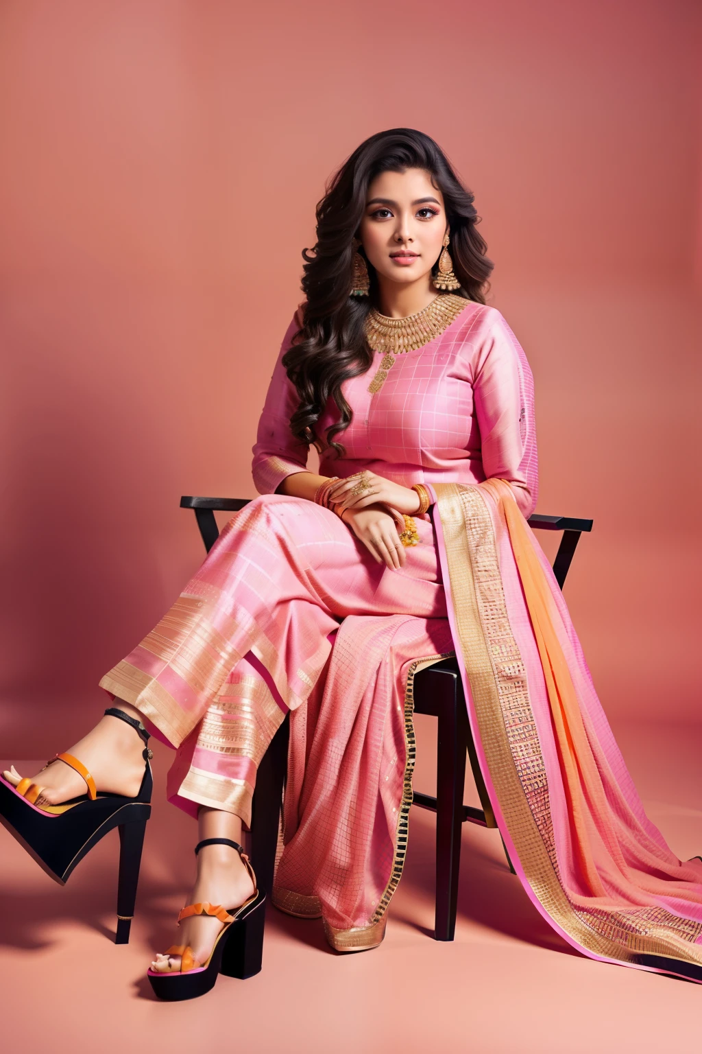 A beautiful 20-year-old indian woman with wavy brown hair, wearing a bold and ((pink orange geometric suit)). Colorful atmosphere, photo studio, artistic,(( black sandal heels)) , sitting on a chair