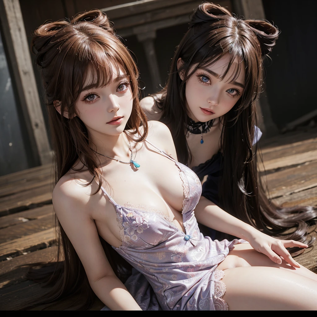 (msterpiece:1.3), (8k, RAW photo, best quality: 1.4), beautiful face, beautiful hairstyle, beautiful detailed eyes, beautiful skin, absurdres, attractive, ultra high res, highly detailed,NSFW, 3 girls in abandoned underground basement, big breast,facial close up,necklace,arms behind back,evil smile,knife,light long hair, ultra detailed skin,Heavy makeup, flower hairpin, naked,colorful patterned lace dress, dirty ground,on a rock,bondage,dirty rock,half body,