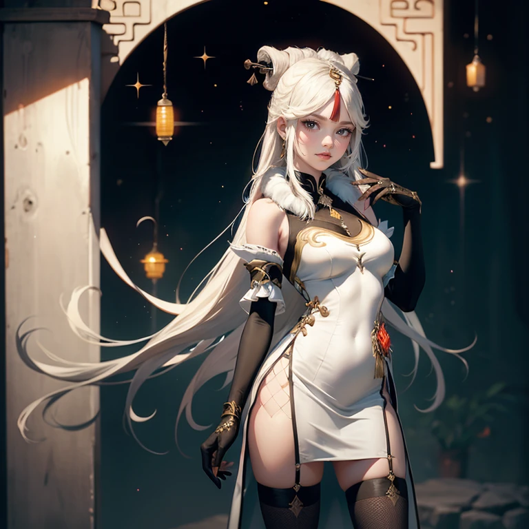 1girl, white maid dress, jewelry, white hair, flowing hair, long hair, chinese maid dress with a short skirt and layers, white laces, black boots, white dress with transparency, gold details on her clothes, cat ears, animal ears, more details, perfectly body, perfectly hands, two hands, two legs, two arms, five fingers, glowing hair, best quality, ornamental hair concubine, black gloves, alone, maid headdress, choker, detached sleeves, chinese maid dress, chinese maid white dress, masterpeice, best quality, detailed face, night, asymmetrical gloves, bangs, white short skirt , black gloves, earrings, elbow gloves, fishnet thighhighs, fishmasterpeice, solo, best quality, detailed face, gloves, glowing eyes, hair between eyes, jewelry, long hair, looking at viewer, single earring, sky, sleeveless, solo, thigh boots, thighhighs, smile, uneven gloves, cat tail, solo, alone, Looking at the viewer, More details on the clothes, red flower on her hair, space scenery, maid, chinese maid dress, black details, red flowers, chinese maid headdress, maid apron, brown hair, long hair, seat on the Saturn rings, red details on her clothes, more details on her clothes, gold details on her clothes, space, smiling, glowing eyes, standing her hand to a viewer, looking at the viewer, in the background a several asteroids glowing with fiery auras, Dramatic lighting from distant stars and planets illuminates the scene, looking at the vast and mysterious universe, cowboy shot, upper body portrait, more details, sparkle,