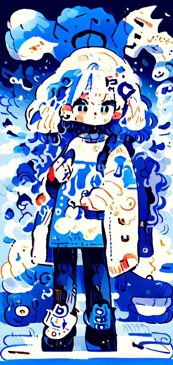 a brunette girl, with white hair and super long sapphire blue locks, bright blue eyes, He wears a red beret and an office suit, one lens, wears a rabbit-like hair clip, She is very shy and super cute.