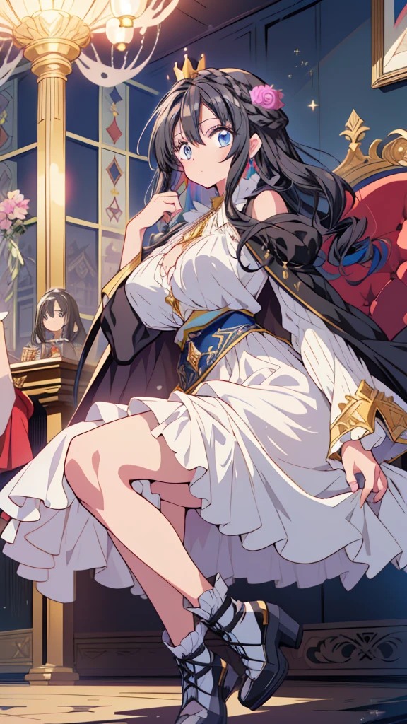 best quality, extremely detailed, anime style adult 1girl, long hair down to the waist, straight hair, ((dark black hair with bluish)),crown braid,beautiful detailed eyes, pinched eyes, dark blue eyes, huge breasts,curvy,(((white main princess colorful dress))),longskirt,Clothing with intricate decorations,feather and colorful accessory,((foppery shoes)),fluttering cloak,animation cap,animated gif,((((castle room))))