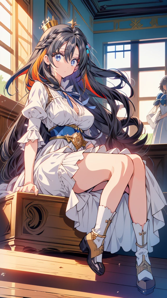 best quality, extremely detailed, anime style adult 1girl, long hair down to the waist, straight hair, ((dark black hair with bluish)),crown braid,beautiful detailed eyes, pinched eyes, dark blue eyes, huge breasts,curvy,(((white main princess colorful dress))),longskirt,Clothing with intricate decorations,feather and colorful accessory,((foppery shoes)),fluttering cloak,animation cap,animated gif,((((castle room))))