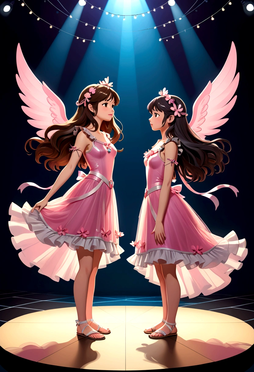 Name "FREENBECKY URANUS2324 ON STAGE" in a colorful and vibrant 3d dynamic font a A captivating anime style illustration of two young women, one Asian and one British, sharing a large stage. The first woman is a young Asian woman, with long dark flowing hair, she is dressed in a simple astronaut suit. The second is a young British woman, with semi-long loose brown hair, she wears a very short pink dress made of ruffles of pink tulle and appliques of long pastel pink ribbons hanging on the sides of the skirt, pretending to be a nymph, and she wears a buckle. Simulating small pink wings or fins on the sides of her head, she wears delicate silver sandals tied with silver ribbons. They are representing a comedy, there is complicity, desire and love and a lot of fun between them. The scene is illuminated by dazzling stage lights and accompanied by energetic music. The illustration has a cinematic feel, similar to a poster or 3D presentation, with a bold, almost painterly style., illustration, 3d presentation, painting, poster, cinematic