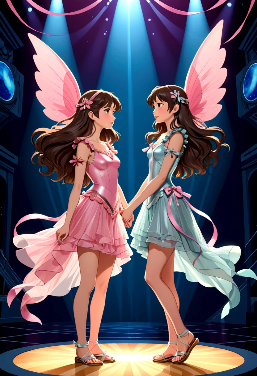 Name "FREENBECKY URANUS2324 ON STAGE" in a colorful and vibrant 3d dynamic font a A captivating anime style illustration of two young women, one Asian and one British, sharing a large stage. The first woman is a young Asian woman, with long dark flowing hair, she is dressed in a simple astronaut suit. The second is a young British woman, with semi-long loose brown hair, she wears a very short pink dress made of ruffles of pink tulle and appliques of long pastel pink ribbons hanging on the sides of the skirt, pretending to be a nymph, and she wears a buckle. Simulating small pink wings or fins on the sides of her head, she wears delicate silver sandals tied with silver ribbons. They are representing a comedy, there is complicity, desire and love and a lot of fun between them. The scene is illuminated by dazzling stage lights and accompanied by energetic music. The illustration has a cinematic feel, similar to a poster or 3D presentation, with a bold, almost painterly style., illustration, 3d presentation, painting, poster, cinematic