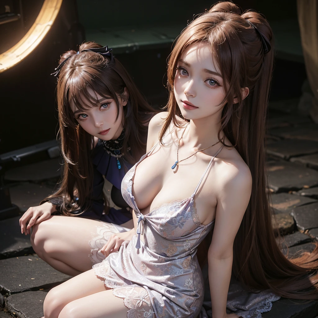 (msterpiece:1.3), (8k, RAW photo, best quality: 1.4), beautiful face, beautiful hairstyle, beautiful detailed eyes, beautiful skin, absurdres, attractive, ultra high res, highly detailed,NSFW, 3 girls in abandoned underground basement, big breast,facial close up,necklace,arms behind back,evil smile,knife,light long hair, ultra detailed skin,Heavy makeup, flower hairpin, naked,colorful patterned lace dress, dirty ground,on a rock,bondage,dirty rock,half body,