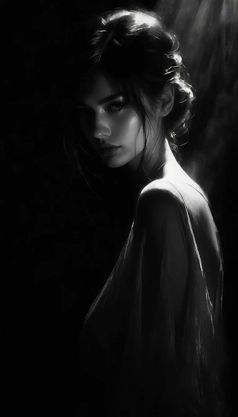 , sexy girl, elegant, Black and white image, chiaroscuro, sensual, dramatic lighting, moody atmosphere, photorealistic, intricate details, masterpiece, ultra-detailed, high quality, 8k, best quality, realistic, cinematic, dark and brooding, expressionistic, powerful composition, emotional impact (art inspired in Bill Sienkiewicz). oil painting)
