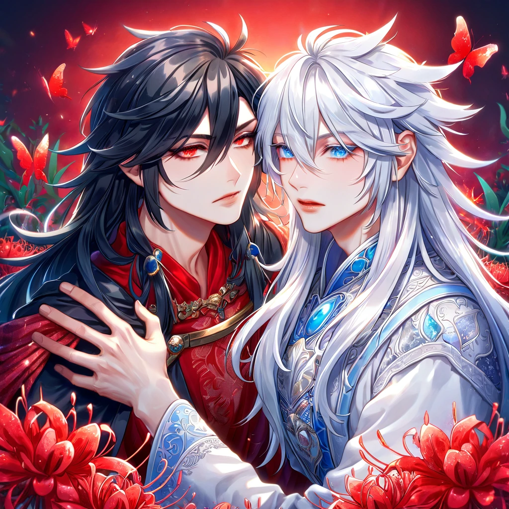 absurdres, highres, ultra detailed, HDR, master piece, best quality, extremely detailed face, delicated features, Xue Yu, untamed spiky hair, black hair, long hair, hair between the eyes, expressive red eyes, Thousand Years War, Gojou Satoru, white hair, expressive blue eyes, two sexy men together, gay couple, yaoi, handsome, toned chest, black cape, red robes, white robes, accessories, patterns, red sky, red butterflies, red spider lilies, fantasy, magic, envy magical, garden