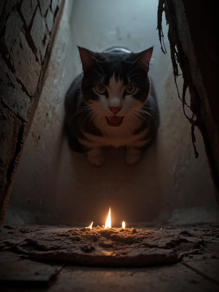 (Highest quality: 1.3), cinematic photo, masterpiece, (sharp focus: 1.5), (photorealistic: 1.3), medium portrait of (coming out of the hole in the wall, details, flowers) ( a black white bicolor cat immersed in a surreal world surrounded by light, cute cat, cute smile, view from below, viewed from the floor, some torches burn on the walls, giving the scene a dark atmosphere but sculpting the shapes in crisp chiaroscuro ), it's night, (highly detailed texture), (detailed face), detailed background, dark lighting, twilight lighting, volumetric lighting, intricate details, UHD,