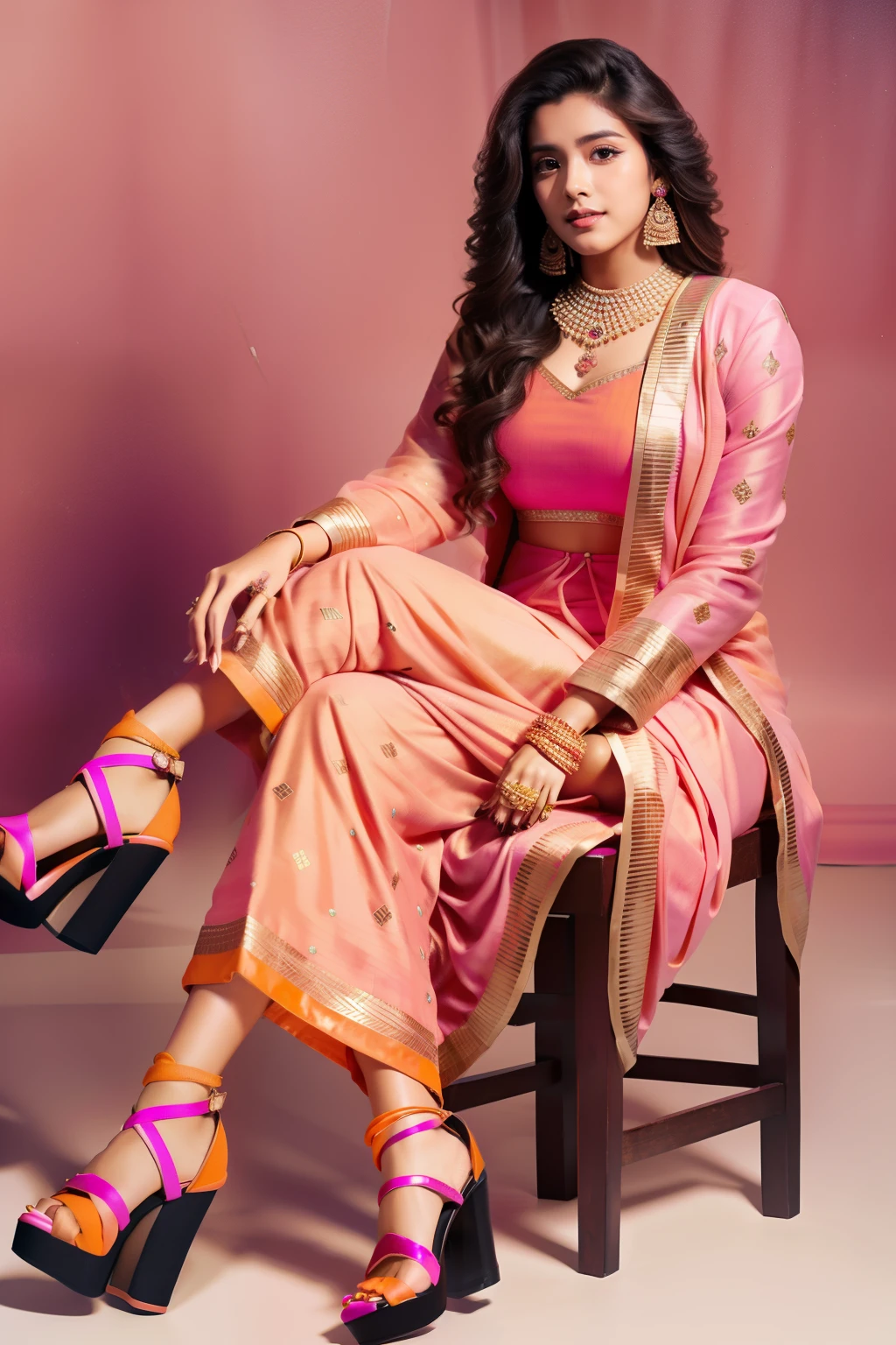 A beautiful 20-year-old indian woman with wavy brown hair, wearing a bold and ((pink orange geometric suit)). Colorful atmosphere, photo studio, artistic,(( black sandal heels)) , sitting on a chair