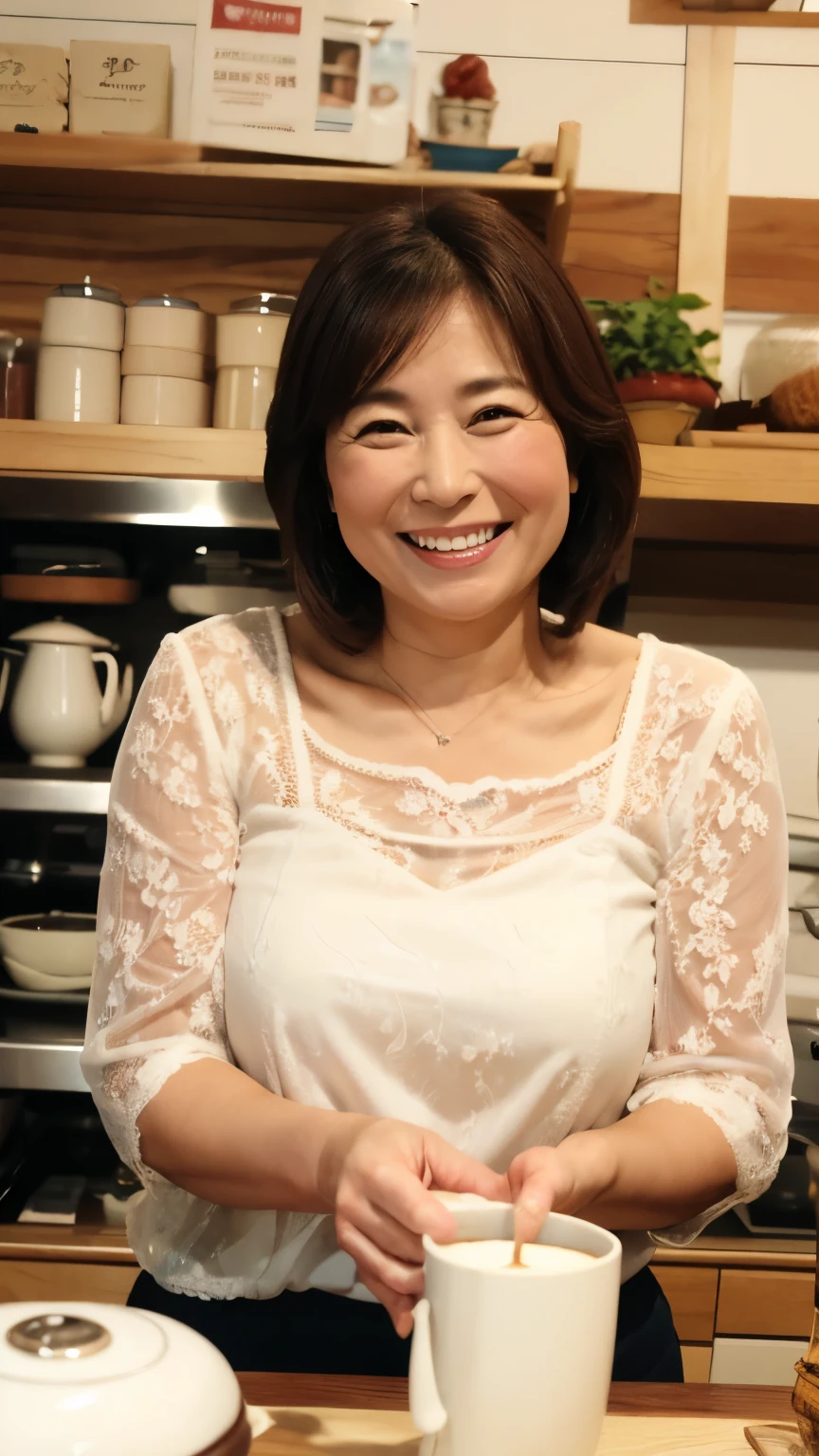 8k wallpaper, masterpiece, Highest quality, Super detailed, One Mature Woman, 50 years old, Become very clear, Wearing a short-sleeved blouse, Skin dents, Captivating smile, Looking at the audience, , plump, Curvaceous, Fascinating face, Smiling with teeth showing, Wrinkles around the eyes, Sit at a coffee shop, Background Blur