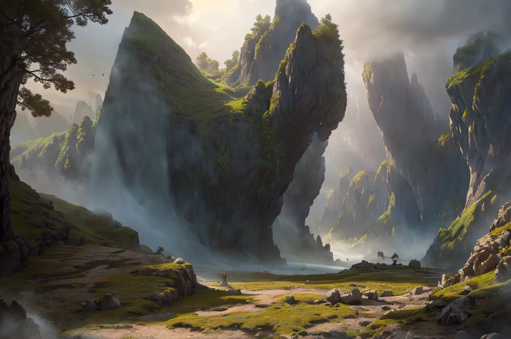 A detailed fantasy landscape, enchanted forests, majestic mountains, inspiré de Tolkien, à la manière de John Howe, digital painting, hyperrealistic, 8k, highly detailed, volumetric lighting, dramatic lighting, vibrant colors, lush vegetation, towering peaks, mystical atmosphere, cinematic composition, epic scale, intricate details, fantastical elements, photorealistic, masterpiece, forteresse perchée